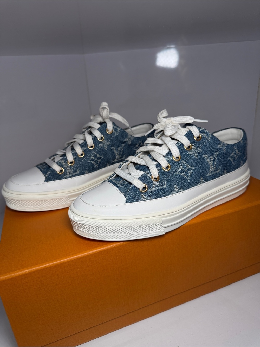 Louis Vuitton Blue Denim Low-Top Monogram Sneakers with White Accents